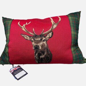 Hines of Oxford STAG RED Buck Tapestry Feather Pillow Tartan Plaid Velvet 18x26"